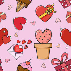 Heartfelt Affection: A repeating pattern of endearing hearts, sweet treats and delightful gifts against a soft pastel backdrop, symbolizing affection, warmth, and heartfelt emotions.