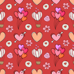 Love's Whimsical tapestry : A charming, romantic seamless pattern filled with delightful hearts, floral, hot air balloons and arrow elements, set against a cheerful red background.
