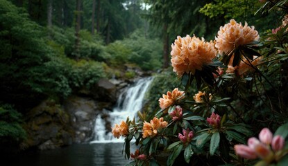 Lush, orange azaleas frame a tranquil waterfall in a misty forest