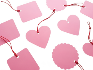 Collection of pink paper gift tags in various shapes like square, rectangle, and heart, isolated on transparent background for crafting or labeling