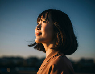 美しい夕焼け・朝焼け　夕日・朝日に照らされた空と街が日の出の光を浴びた背景　空を見上げ上を向きリラックスした表情の女性の横顔　日本・ビジネス・転職出勤・旅行・観光・アウトドア・リラクゼーションの背景　希望・安堵のイメージ