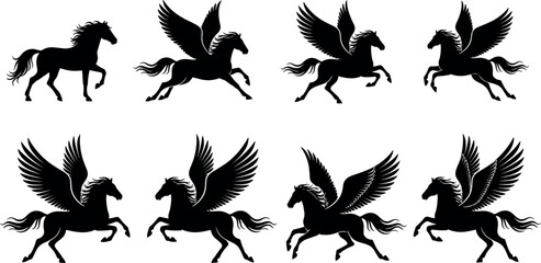 Pegasus horse silhouette vector set featuring flying winged horses in dynamic poses, mythological fantasy animal illustration isolated