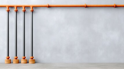 Industrial Pipe System with Orange and Black Pipes on Grey Wall with Concrete Texture Ideal for Interior Design, Backgrounds, and Construction Themes