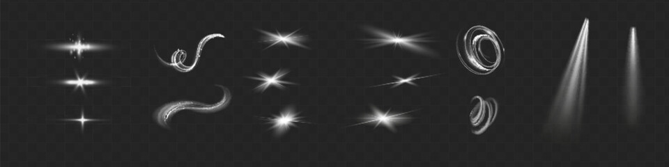 Light effect set. Glow isolated white transparent light effect set, lens flare, explosion, glitter, dust, line, sun flash, spark and stars, spotlight, curve twirl. Sunlight, abstract special effect.