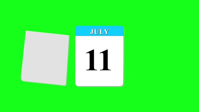 July calendar page turning animation from 1st to 31st on green screen, monthly date flip countdown, schedule planning deadline countdown and date change transition, time passing concept,