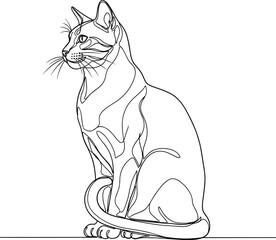 Continuous line drawing of a cat sitting gracefully, minimalist animal silhouette, modern pet sketch, elegant feline contour art for decor.