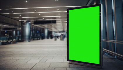Vertical green screen digital billboard mockup in a modern, blurred airport or train station terminal for marketing and advertising display. Blank interactive panel for business promotions