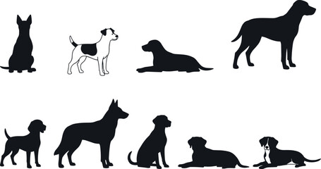 Silhouettes of nine dogs in varied poses and breeds including leash detail – flavector