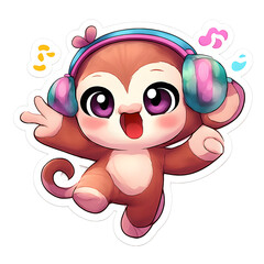 Cute Cartoon Monkey with Headphones Waving and Listening to Music