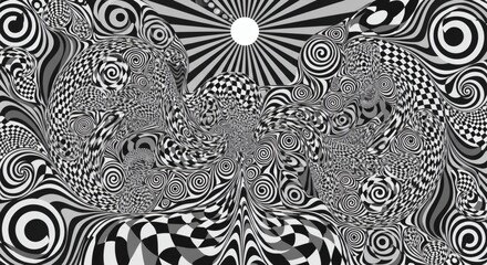 Hypnotic Black and White Optical Illusion with Swirling Patterns and Checkerboard Motifs.