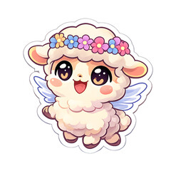 Adorable Kawaii Lamb Character with Flower Crown and Wings
