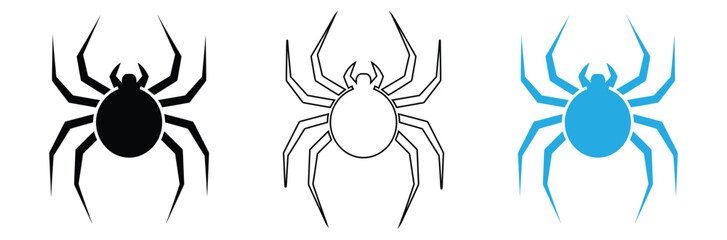 Spider silhouettes in black, white, and blue on white background,Spider silhouette. Halloween scary spider decoration. Arachnid, widow, tarantula spider logo icon.Spider icons set. 