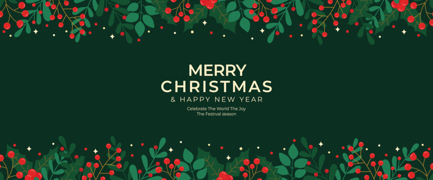 modern illustration of christmas leaves banner border frame design decoration - Powered by Adobe