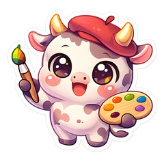 Adorable Cartoon Cow Artist with Beret, Paintbrush, and Palette. Charming illustration of a happy baby cow character expressing creativity and art, perfect for children's designs.