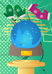Mockup product display with Mitten Glove and Snow Globe. Vector cylinder pedestal podium. Stage showcase for presentation. Minimal geometric forms.