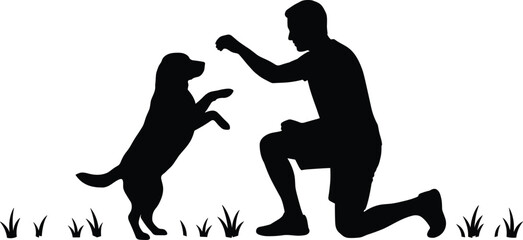 Man rewarding dog during training silhouette, pet obedience lesson, trust and bonding, animal care, companionship, positive reinforcement concept