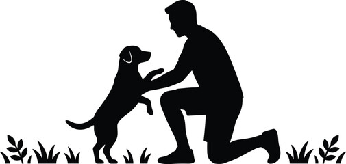 Man training dog silhouette, human and pet bonding moment, obedience practice, animal care, trust, companionship, outdoor lifestyle concept
