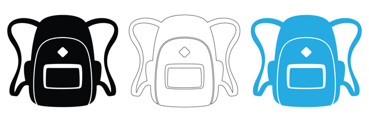 Backpack icons in black, outline, and blue for school and travel,Backpack icon. Simple backpack icon for social media,Schoolbag school bag backpack with straps flat vector icon for apps and websites