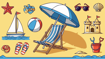 Beach Vacation Essentials Collection With Sandcastle And Beach Chair. © Meii