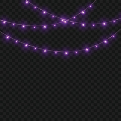 Christmas Purple Glowing String Lights Garland Border on Transparent Background. Vector