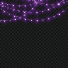 Christmas Purple Glowing String Lights Garland Border on Transparent Background. Vector