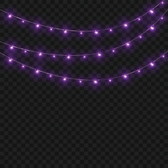 Christmas Purple Glowing String Lights Garland Border on Transparent Background. Vector