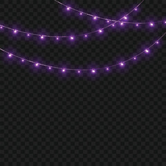 Christmas Purple Glowing String Lights Garland Border on Transparent Background. Vector