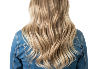 Back view of woman with blonde wavy hair isolated on transparent background