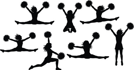 Cheerleader silhouette collection, dynamic jumping and dancing poses, pom pom performance action, sports team spirit vector illustration, isolated black figures on white background