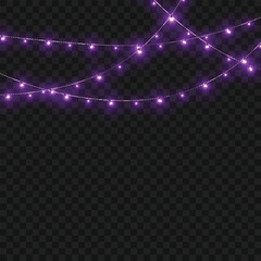 Christmas Purple Glowing String Lights Garland Border on Transparent Background. Vector