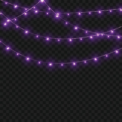 Christmas Purple Glowing String Lights Garland Border on Transparent Background. Vector