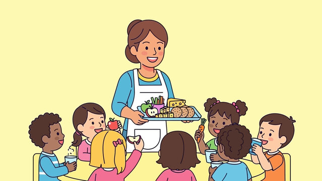 Smiling teacher serving lunch tray of healthy food to happy children at school tables