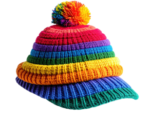 Stacked, multi-colored knit hats with a pom-pom on the top