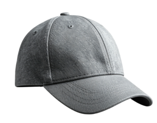 A grey, fabric baseball cap with a curved visor, isolated on black