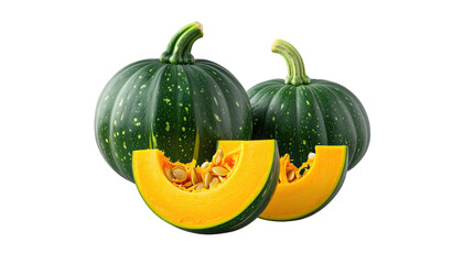 Two green gourds and sliced segments, showing orange flesh, black background