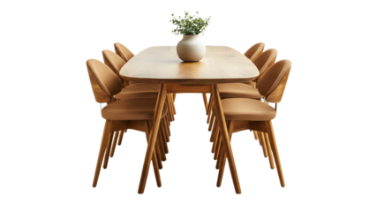 Modern Wooden Dining Table with Eight Matching Chairs and a Centerpiece Vase on Transparent Background