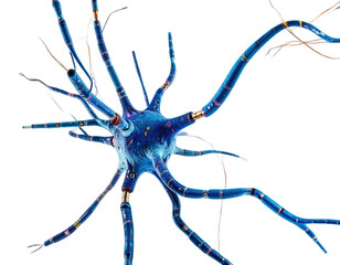 Intricate 3D rendering of a neuron cell, vibrant blue & gold