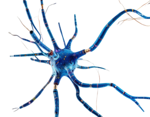 Intricate 3D rendering of a neuron cell, vibrant blue & gold
