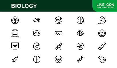 Biology Line Icon Set – Professional Modern Lab Symbols, DNA, Cells, and Scientific Research Icons in Minimal Outline Style