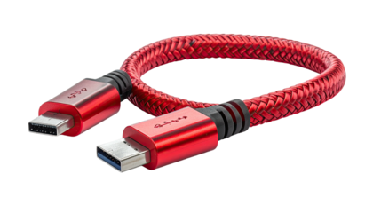 Braided red cable with two connectors, a sleek design against a black backdrop