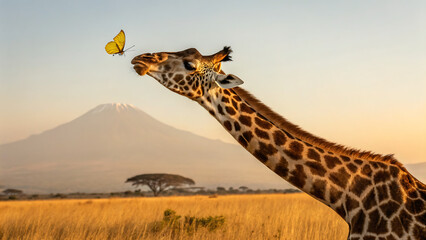 A curious giraffe curiously approaches a bright yellow butterfly in a golden savanna landscape with a large mountain in the background at sunset