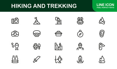 Hiking Trekking Line Icon Set – Professional Minimal Outline Icons for Adventure, Nature, and Outdoor Activities
