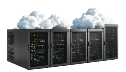 Rows of servers topped with fluffy clouds, symbolizing data storage