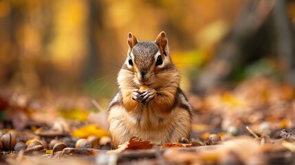 Obraz premium Chipmunk Eating Nuts In Autumn Forest