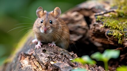 Obraz premium Curious Baby Mouse Peering From a Log Burrow in Mossy Forest Floor