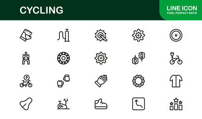 Cycling essentials in modern line icon set featuring minimal, stylish, and versatile illustrations of biking, gear, helmets, and sports accessories. Perfect for premium digital content.
