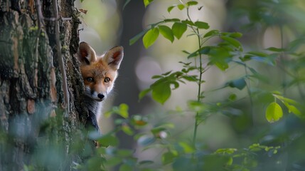 Obraz premium Curious Red Fox Peeks From Behind a Tree