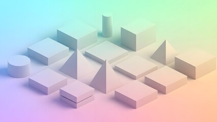 A collection of 3D geometric shapes including cubes, pyramids, and cylinders arranged in an isometric grid with soft pastel lighting.