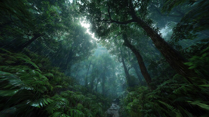 Tropical Rainforest Heavy Rain Scene: Dense Vegetation Intertwined with Pouring Rain