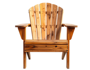 A classic wooden Adirondack chair, front view, on black background